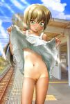  1girl :o blush brown_hair cloud dress dress_lift green_eyes groin highres long_hair no_panties original outdoors ponytail pubic_hair pussy railroad_tracks sky solo tan tanline train_station_platform unno_hotaru 