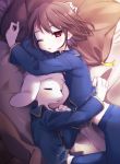  anthro asriel_dreemurr blue_clothing blush boss_monster bovid brown_hair caprine chara_(undertale) clothed clothing digital_media_(artwork) duo fur goat hair hi_res human male mammal matching_outfits one_eye_closed pajamas pale_skin pillow porygonleft red_eyes sleeping undertale video_games waking_up white_body white_fur young 