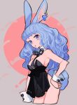  1girl animal_ears black_neckwear blue_eyes breasts bunny_ears bunny_tail circle clothing_request cropped_legs earrings hand_on_hip heart heart-shaped_pupils jewelry l_hakase medium_breasts necktie original solo symbol-shaped_pupils tail wrist_cuffs 