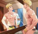  1boy abs ass bangs bara blonde_hair blue_eyes blue_male_underwear briefs completely_nude covering covering_crotch curtains from_side granblue_fantasy head_tilt male_focus mikadzuki_akaru_(mktskakaru) mirror mirror_image muscle navel navel_hair nipples nude original pectorals short_hair solo text_censor thighs underwear vane_(granblue_fantasy) yellow_male_underwear 