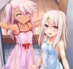  2girls bangs bare_shoulders blue_dress blush breasts chloe_von_einzbern collarbone dark_skin dark_skinned_female dress eyelashes fate/kaleid_liner_prisma_illya fate_(series) illyasviel_von_einzbern long_hair looking_at_viewer multiple_girls one_side_up open_mouth orange_eyes pink_dress pink_hair red_eyes see-through sen_(astronomy) small_breasts smile stomach_tattoo tattoo white_hair 