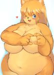  &lt;3 5_fingers akitaka anthro belly big_belly big_breasts blonde_hair blue_eyes blush breasts canid canine featureless_breasts female fingers fur hair hi_res huge_breasts kemono long_hair mammal navel nude obese obese_anthro obese_female one_eye_closed open_mouth overweight overweight_anthro overweight_female portrait simple_background solo three-quarter_portrait white_background wide_hips yellow_body yellow_fur 