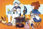  1boy 1girl :d ankle_boots armor blue_footwear blue_hair blue_skirt boots brown_hair campfire cape character_request closed_mouth ditto eating eevee folding_stool gen_1_pokemon gen_6_pokemon gen_8_pokemon headband holding holding_plate honedge kuroi_moyamoya ladle long_sleeves looking_at_another miniskirt open_mouth pants parted_lips plate pointy_footwear pokemon pokemon_(creature) ponytail pot scorbunny shoulder_armor sitting skirt smile sobble spaulders steam sweatdrop white_pants 