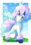  absurdres artist_name blue_eyes border cloud commentary_request galarian_form galarian_ponyta gen_8_pokemon grass highres looking_to_the_side no_humans outside_border pokemer pokemon pokemon_(creature) signature sky solo standing star_(symbol) watermark white_border 