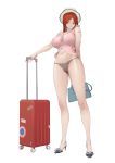  1girl absurdres artist_name bag bare_arms black_panties breasts brown_eyes crop_top full_body fushe handbag hat high_heels highres impossible_clothes impossible_shirt large_breasts long_hair looking_at_viewer luggage navel original panties pink_shirt red_hair ribbon rolling_suitcase shirt simple_background sleeveless sleeveless_shirt smile solo standing stomach strappy_heels tattoo underwear white_background white_headwear 