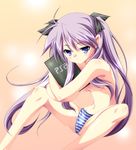  blue_eyes breasts game_console hiiragi_kagami ka2 long_hair lucky_star navel panties playstation_2 purple_hair sitting small_breasts solo striped striped_panties topless twintails underboob underwear 
