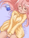  bed blush covering covering_crotch covering_pussy eyes_closed glasses kanakana lucky_star masturbation miyuki_takara nightshirt pajamas pink_hair takara_miyuki 