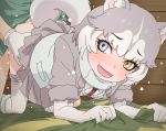  1boy 1girl all_fours animal_ears blue_eyes clothed_sex commentary_request dog_(mixed_breed)_(kemono_friends) dog_ears dog_tail doggystyle eyebrows_visible_through_hair gloves hetero heterochromia kemono_friends open_mouth sex sex_from_behind short_hair smile solo_focus tail thighhighs tomu_(tomubobu) white_gloves white_hair white_legwear yellow_eyes 