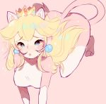  1girl ? all_fours animal_ears bangs blonde_hair blue_eyes blush bodysuit breasts cat_ears cat_girl cat_tail catsuit commentary covered_nipples crown ear_blush earrings english_commentary eyebrows_visible_through_hair fake_tail fredek666 gem jewelry long_hair looking_at_viewer mario_(series) medium_breasts parted_lips pink_background pink_bodysuit pink_theme pointy_ears princess_peach shiny shiny_clothes shiny_hair sidelocks simple_background sketch solo sparkle super_mario_3d_world tail teeth yellow_headwear 