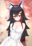  1girl animal_ear_fluff animal_ears arms_behind_back bangs black_hair blurry blurry_background breasts brown_eyes choker cleavage dress eyeshadow hair_ornament highres hololive light_smile long_hair looking_at_viewer makeup medium_breasts multicolored_hair ookami_mio red_choker red_eyeshadow rifufu sidelocks solo strapless strapless_dress streaked_hair swept_bangs tree tsurime two-tone_hair very_long_hair virtual_youtuber wedding_dress white_dress wolf_ears 