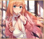  1girl bangs blonde_hair blue_eyes bow bra braid breasts cleavage commentary_request curvy eyebrows_visible_through_hair fou_zi hair_over_shoulder large_breasts long_hair open_clothes open_shirt pecorine_(princess_connect!) pink_blazer princess_connect! princess_connect!_re:dive red_bow sample shirt single_braid smile underwear white_bra white_shirt window 
