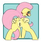  anus blush butt equid equine feathered_wings feathers female feral fluttershy_(mlp) friendship_is_magic genitals hair hasbro knotsosfw looking_at_viewer mammal my_little_pony open_mouth pegasus pink_hair presenting pussy simple_background solo solo_focus wings yellow_body yellow_feathers 