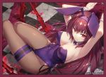  1girl animal_ears arms_up artist_name breasts bunny_ears checkered checkered_floor commentary_request detached_sleeves eyebrows_visible_through_hair fate/grand_order fate_(series) gabiran gae_bolg large_breasts long_hair pantyhose piercing_bunny playboy_bunny red_eyes red_hair scathach_(fate)_(all) scathach_(fate/grand_order) smile solo thigh_strap 