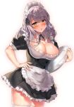 1girl apron bangs black_dress blush breasts cleavage commentary_request dress eyebrows_visible_through_hair frilled_apron frilled_dress frills hand_on_hip head_tilt highres holding holding_tray kawai large_breasts long_hair looking_at_viewer maid maid_headdress original short_sleeves silver_hair simple_background solo sweat tray underbust white_apron white_background white_legwear yellow_eyes 
