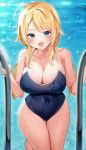  1girl :d ahoge bangs blonde_hair blue_eyes breasts cleavage climbing hachimiya_meguru idolmaster idolmaster_shiny_colors ladder large_breasts long_hair looking_at_viewer one-piece_swimsuit open_mouth pool_ladder reel_(riru) smile solo swimsuit wet 