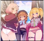  3girls ahoge bangs beret black_dress black_headwear black_jacket black_legwear black_panties blonde_hair blue_sky blurry blurry_background blush bow braid brown_eyes brown_hair building caburi chieru_(princess_connect!) chloe_(princess_connect!) closed_mouth cloud cloudy_sky collared_shirt crotch_seam day depth_of_field dress dress_lift eyebrows_visible_through_hair frilled_skirt frills from_behind frown green_neckwear grey_shirt hair_bow hair_ornament hair_tie hat highres hood hood_down hooded_jacket jacket lifted_by_self long_hair long_sleeves looking_at_viewer looking_back medium_hair miniskirt multiple_girls necktie open_mouth outdoors panties pantyhose pink_hair plaid plaid_skirt pleated_skirt pointy_ears princess_connect! princess_connect!_re:dive purple_eyes purple_skirt red_panties red_skirt shirt short_dress short_hair short_sleeves skirt skirt_lift sky smile standing star_(symbol) star_hair_ornament thigh_strap thighband_pantyhose twin_braids twintails underwear white_panties yuni_(princess_connect!) 