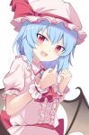  1girl :d arms_up ascot back_bow bangs bat_wings blush bow brooch buttons center_frills clenched_hands commentary_request dress e.o. eyebrows_visible_through_hair eyelashes fang frilled_shirt_collar frills hat hat_bow hat_ribbon highres jewelry light_blue_hair mob_cap open_mouth pink_dress pink_headwear puffy_short_sleeves puffy_sleeves red_bow red_eyes red_neckwear red_sash remilia_scarlet ribbon sash shiny shiny_hair short_hair short_sleeves sidelocks skin_fang smile solo standing touhou upper_body v-shaped_eyebrows white_background wings wrist_cuffs 
