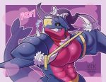  2020 ahnik black_sclera blue_body blue_scales bracelet clothing conditional_dnp english_text garchomp hat headgear headwear hi_res jewelry male markings measuring multicolored_body muscular muscular_male nintendo pecs pok&eacute;mon pok&eacute;mon_(species) purple_background red_body red_scales scales scarf simple_background solo sound_effects spike_(disambiguation) tape_measure text video_games witch_hat yellow_eyes yellow_markings 