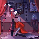  anthro avian bird blitzo_(vivzmind) blush clothed clothing demon duo eyes_closed hand_on_head hand_on_shoulder helluva_boss hi_res imp kneeling male male/male owl smile stella_(vivzmind) stolas_(vivzmind) 