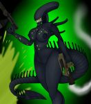  alien alien_(franchise) anthro bodily_fluids breasts drooling dual_wielding female genitals gun hi_res holding_object holding_weapon monster nipples nude pussy ranged_weapon rorrek saliva sharp_teeth simple_background slime solo teeth weapon xenomorph 