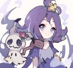  1girl :3 acerola_(pokemon) armlet bangs blue_eyes blush captain_yue dress eyebrows_visible_through_hair eyelashes gen_7_pokemon hair_ornament looking_at_viewer medium_hair mimikyu pokemon pokemon_(anime) pokemon_(creature) pokemon_sm_(anime) purple_hair short_sleeves smile stitches topknot 