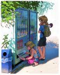  1boy 1girl backpack bag bare_shoulders braid brown_hair chin_grab commentary contemporary crown_braid dappled_sunlight day english_commentary handbag highres link malin_falch pants pink_pants plastic_bottle princess_zelda sandals scenery shirt short_hair shorts sidelocks squatting standing strapless sunlight sweat t-shirt the_legend_of_zelda the_legend_of_zelda:_breath_of_the_wild the_legend_of_zelda:_breath_of_the_wild_2 trash_can triforce tubetop vending_machine 