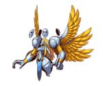  6_wings alien angel anthro avian beak big_breasts big_shoulders blazbaros blonde_hair breasts covered_breasts deity detached_arm female floating flying hair hi_res humanoid legless machine mask multi_wing qualuon robot solo wings 