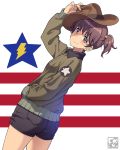  1girl alisa_(girls_und_panzer) artist_logo bangs black_shorts brown_eyes brown_hair brown_jacket closed_mouth commentary cowboy_hat cowboy_shot dutch_angle emblem eyebrows_visible_through_hair freckles from_side girls_und_panzer hair_ornament hand_in_pocket hat holding holding_clothes holding_hat jacket long_sleeves looking_at_viewer looking_back military military_uniform pairan red_stripes saunders_(emblem) saunders_military_uniform short_hair short_shorts short_twintails shorts smile solo standing star_(symbol) star_hair_ornament twintails uniform 