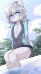  1girl animal_ears arms_behind_back artist_name bangs bear_ears bear_girl bear_tail blue_eyes blue_sky blush breasts closed_mouth cloud collarbone commentary commission day english_commentary eyebrows_visible_through_hair furry grey_hair happy highres legs_together light_blush long_hair looking_at_viewer open_clothes original outdoors pool rash_guard ryuusui_arumo shiny shiny_clothes shiny_hair shiny_skin signature sky small_breasts smile soaking_feet solo swimsuit tail thighs tree water wet 