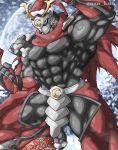  abs armor biceps black_body black_skin cape christmas christmas_clothing christmas_headwear clothed clothing future_card_buddyfight guzu_kuo hat headgear headwear helmet holidays humanoid male muscular muscular_humanoid muscular_male muscular_thighs nanomachine_ninja_tsukikage not_furry obliques pecs sack santa_hat solo topless vein 