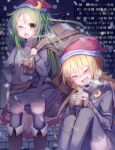  2girls black_legwear black_serafuku blonde_hair can canned_coffee chestnut_mouth cityscape closed_eyes crescent crescent_hair_ornament crescent_moon_pin feet_out_of_frame fur-trimmed_headwear fur_trim green_eyes green_hair hair_ornament hand_on_hip hat highres kantai_collection logiclr long_hair looking_at_viewer multiple_girls nagatsuki_(kantai_collection) necktie night outdoors red_headwear sack santa_hat satsuki_(kantai_collection) school_uniform serafuku smile snow standing thighhighs twintails white_neckwear 