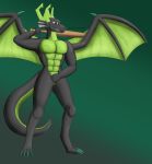 13:14 abs absurd_res anthro baseball_bat bat_(object) black_body claws digital_media_(artwork) digitigrade dragon featureless_crotch gradient_background green_background green_body green_claws green_eyes green_scales green_wings hi_res horn kayo_(knockedoutdragon) knockedoutdragon male muscular muscular_anthro muscular_male nude pecs scales scalie simple_background smile smirk solo standing western_dragon wings 