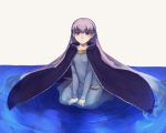  1girl absurdly_long_hair belly_chain blue_dress cloak collarbone dress fire_emblem fire_emblem:_the_binding_blade highres jewelry kneeling lavender_dress long_hair long_sleeves looking_at_viewer mesz410 partially_submerged purple_cloak purple_eyes purple_hair simple_background solo sophia_(fire_emblem) very_long_hair water white_background 