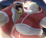  2020 anthro belly blush canid canine canis choji_(tas) christmas christmas_clothing christmas_headwear clothing domestic_dog duo hat headgear headwear hi_res holidays human kemono kwzu male mammal navel night overweight overweight_male santa_hat scar tokyo_afterschool_summoners video_games yasuyori 