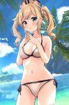  1girl ass_visible_through_thighs barbara_(genshin_impact) bare_arms bare_shoulders bikini blonde_hair blue_eyes breasts cleavage collarbone commentary cowboy_shot day genshin_impact halterneck haru_(re_ilust) hat highres long_hair looking_at_viewer medium_breasts navel outdoors own_hands_together parted_lips side-tie_bikini sidelocks solo steepled_fingers stomach string_bikini swimsuit thighs twintails wet white_bikini 