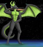  13:14 abs absurd_res anthro baseball_bat bat_(object) black_body claws digital_media_(artwork) digitigrade dragon featureless_crotch green_body green_claws green_eyes green_scales green_wings hi_res horn kayo_(knockedoutdragon) knockedoutdragon macro male muscular muscular_anthro muscular_male nude pecs scales scalie smile smirk solo space standing western_dragon wings 