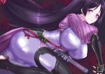  1girl absurdres arm_guards bangs black_gloves bodysuit breasts covered_nipples curvy fate/grand_order fate_(series) fingerless_gloves gloves highres katana large_breasts long_hair looking_at_viewer low-tied_long_hair minamoto_no_raikou_(fate/grand_order) parted_bangs purple_bodysuit purple_eyes purple_hair ralf ribbed_sleeves rope skin_tight solo sword very_long_hair weapon 