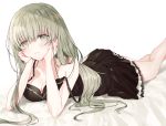  1girl bangs bare_arms bare_shoulders bed_sheet black_dress blush breasts cecilia_(shiro_seijo_to_kuro_bokushi) cleavage closed_mouth dress eyebrows_visible_through_hair feet_out_of_frame green_eyes green_hair hair_between_eyes hands_up kazutake_hazano long_hair looking_at_viewer low_twintails lying medium_breasts on_stomach shiro_seijo_to_kuro_bokushi sleeveless sleeveless_dress smile solo strap_slip twintails very_long_hair white_background 
