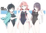  3girls alternate_costume ariake_(kantai_collection) black_hair blush breasts collarbone commentary_request competition_swimsuit covered_navel green_hair groin hand_on_hip highleg highleg_swimsuit jacket kawakaze_(kantai_collection) looking_at_viewer matsukaze_(kantai_collection) multiple_girls one-piece_swimsuit open_mouth red_hair shigino_sohuzi smile standing swimsuit towel v 