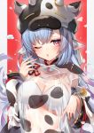  1girl 40_(0f0urw) absurdres animal_ears animal_print bangs bare_shoulders bikini blue_hair blush border breasts cleavage cow_ears cow_girl cow_hat cow_horns cow_print detached_sleeves draph ear_piercing granblue_fantasy hat highres horns large_breasts long_hair looking_at_viewer navel one_eye_closed open_mouth piercing pointy_ears purple_eyes shatola_(granblue_fantasy) sheer_clothes swimsuit very_long_hair white_bikini wide_sleeves 