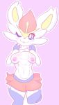  absurd_res anthro areola bodily_fluids bottomwear breasts cinderace clothing dsmm female flashing hi_res legwear miniskirt nintendo nipples one_eye_closed pok&eacute;mon pok&eacute;mon_(species) simple_background skirt smelly solo sweat thigh_highs tongue tongue_out video_games wink 