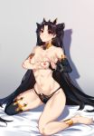  1girl anklet armlet asymmetrical_legwear asymmetrical_sleeves bangs barefoot bikini bikini_bottom black_bikini black_hair blush breasts closed_mouth collarbone detached_sleeves earrings fate/grand_order fate_(series) gold_trim heart heart-shaped_boob_challenge heart_hands highres hoop_earrings ishtar_(fate)_(all) ishtar_(fate/grand_order) jewelry legs long_hair looking_at_viewer medium_breasts mrnn navel neck_ring nipples parted_bangs red_eyes single_detached_sleeve single_thighhigh sitting smile swimsuit thighhighs tiara topless two_side_up very_long_hair wariza 