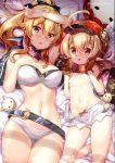  2girls :o age_difference ahoge arm_up armpits ass_visible_through_thighs bag bare_arms bare_shoulders bed_sheet belt black_eyes blonde_hair bow bra breasts brown_gloves capelet cleavage collaboration flat_chest fujima_takuya genshin_impact gloves hair_bow hand_on_own_chest hat jean_gunnhildr klee_(genshin_impact) large_breasts long_hair looking_at_viewer loose_belt lying multiple_girls navel on_back open_mouth panties peaked_cap pointy_ears ponytail red_eyes red_headwear short_shorts shorts stomach thigh_gap thighs underwear underwear_only white_bra white_panties white_shorts yan-yam 