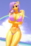  3d_(artwork) anthro anthrofied beach big_breasts blue_eyes breasts clothing cutie_mark digital_media_(artwork) epicdragon equid equine feathered_wings feathers female fluttershy_(mlp) friendship_is_magic hair hasbro horse huge_breasts koikatsu_(game) looking_at_viewer mammal my_little_pony navel pink_hair pony rainbow seaside small_waist solo swimwear video_games wings yellow_body yellow_feathers 