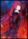  1girl :o armor bodysuit breasts cu_chulainn_(fate)_(all) fate/grand_order fate_(series) fuyuki_(neigedhiver) hair_between_eyes highres lance lancer long_hair looking_back polearm purple_bodysuit purple_eyes purple_hair scathach_(fate)_(all) scathach_(fate/grand_order) weapon 