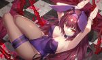  1girl animal_ears arms_up breasts bunny_ears checkered checkered_floor commentary_request detached_sleeves eyebrows_visible_through_hair fate/grand_order fate_(series) gabiran gae_bolg highres large_breasts long_hair pantyhose piercing_bunny playboy_bunny red_eyes red_hair scathach_(fate)_(all) scathach_(fate/grand_order) smile solo thigh_strap 