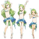  1girl :d age_progression alternate_hair_length alternate_hairstyle arm_up armpits arms_up bikini bikini_top breasts child commentary flat_chest full_body green_eyes green_hair hair_ornament idolmaster idolmaster_million_live! idolmaster_million_live!_theater_days kokekokko_coma long_hair looking_at_viewer midriff multiple_views navel open_mouth sandals shimabara_elena short_hair simple_background skirt small_breasts smile standing standing_on_one_leg star_(symbol) star_hair_ornament swimsuit tan tanline very_long_hair white_background wrist_cuffs younger 