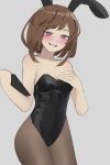  1girl :d animal_ears bangs bare_shoulders black_legwear black_leotard blush bob_cut boku_no_hero_academia breasts brown_eyes brown_hair bunny_ears bunny_girl chinese_commentary cleavage clipboard commentary_request cowboy_shot fake_animal_ears grey_background grin groin hand_on_own_chest heart heart-shaped_pupils highres holding holding_clipboard leotard looking_at_viewer medium_breasts naughty_face nose_blush open_mouth pantyhose parted_lips playboy_bunny short_hair sidelocks simple_background sleeveless smile strapless strapless_leotard swept_bangs symbol-shaped_pupils tuesnotu1 uraraka_ochako waitress 