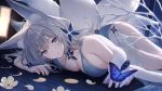  1girl animal_ear_fluff animal_ears azur_lane bangs blue_butterfly blue_dress breasts bug butterfly dress fox_ears fox_tail grey_hair hair_ornament huge_breasts insect long_hair looking_at_viewer lying on_stomach purple_eyes shinano_(azur_lane) tail thighs tokki 