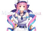  1girl anchor_symbol belt beret black_belt blue_bow blue_hair blue_sailor_collar blush bow braid breasts character_name closed_mouth dress elbow_gloves flower gloves hair_bow hand_up hat hololive long_hair looking_at_viewer medium_breasts minato_aqua multicolored_hair pilokey pink_hair purple_eyes purple_flower sailor_collar sailor_dress simple_background sleeveless sleeveless_dress smile solo twintails two-tone_hair very_long_hair white_background white_dress white_gloves white_headwear 